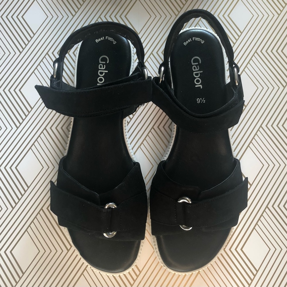 Gabor Black White Sandal Chunky Heel Silver Buckle Velcro Strap Very Well Made